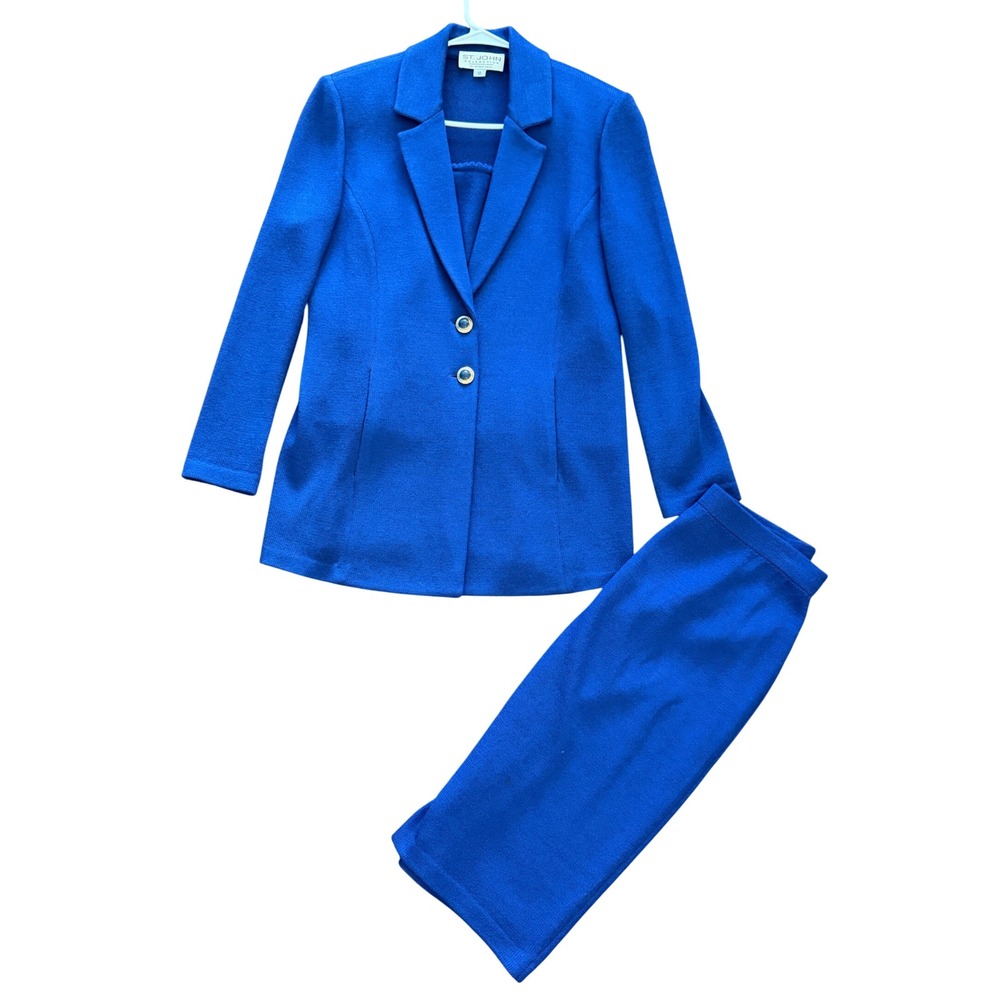 St John Collection Royal Blue Santana Knit 3 Piece Skirt Suit Set Size 10 Vtg